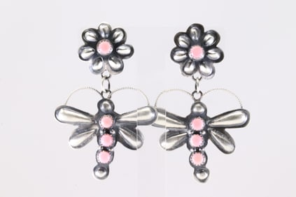 Native America Navajo Sterling Silver Pink Conch Shell Dragonfly Post / Dangling Earring's By