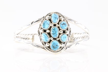 Native America Navajo Sterling Silver Kingman Turquoise Bracelet Cuff By M Chee.