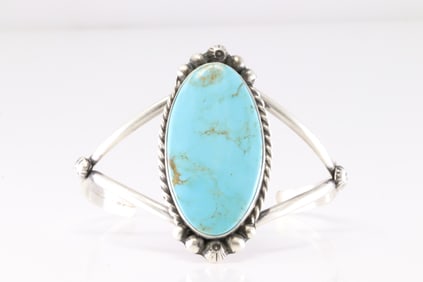 Native America Navajo Sterling Silver Kingman Turquoise Bracelet Cuff By Augustine Largo.