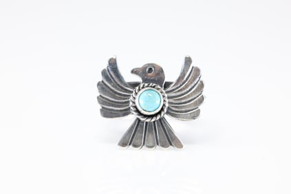 Native America Navajo Sterling Silver Turquoise Thunderbird Ring By Delayne Reeves.