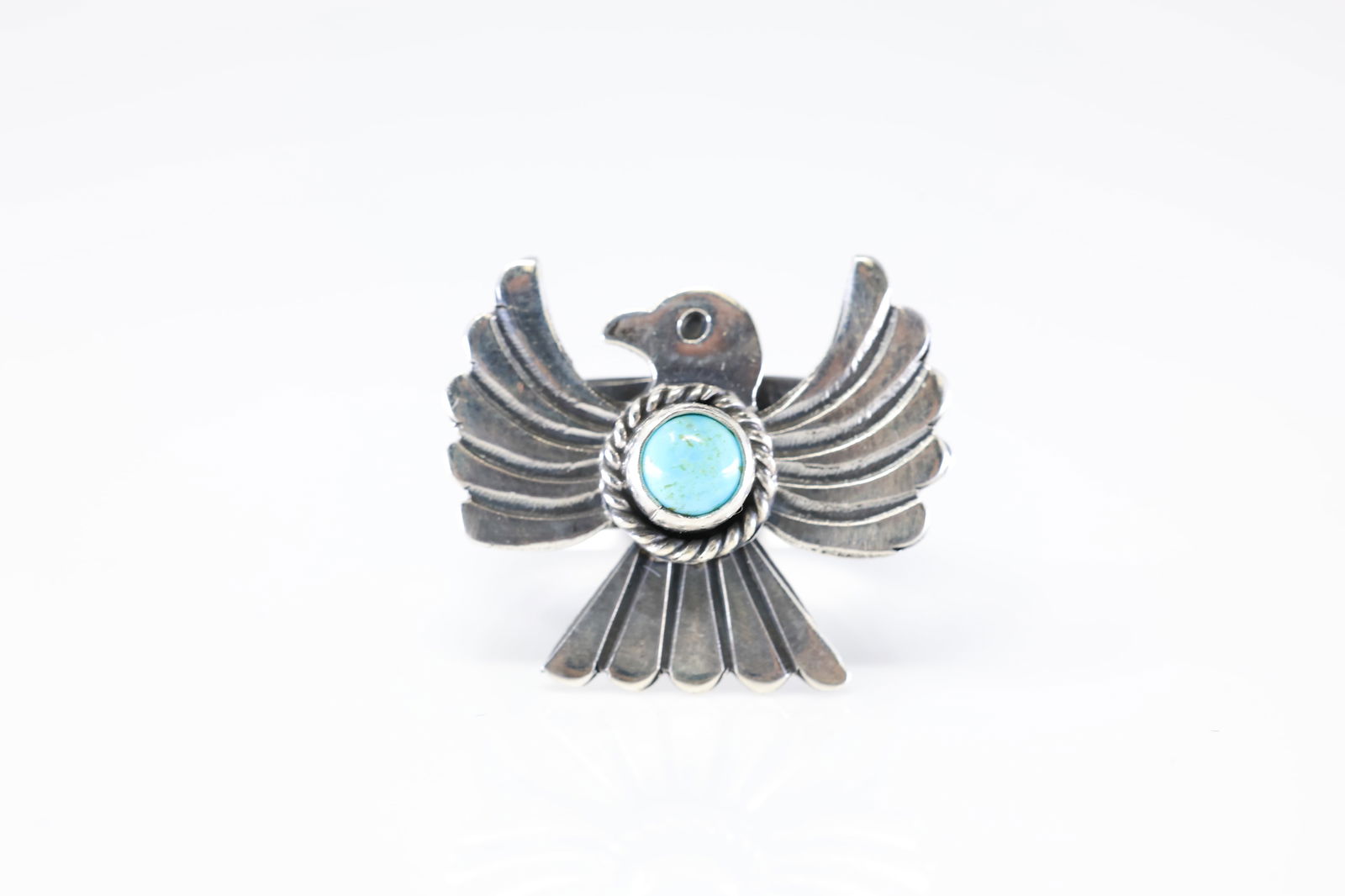Native America Navajo Sterling Silver Turquoise Thunderbird Ring By Delayne Reeves.: This is a Native America Navajo Sterling Silver Turquoise Thunderbird Ring By Delayne Reeves. Ring size: 8.00.