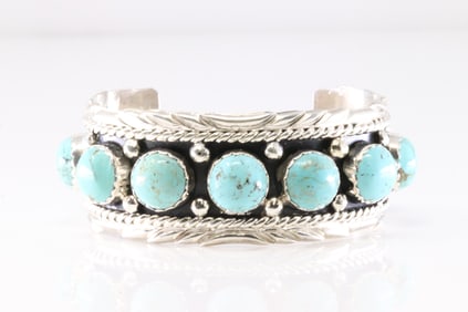 America Sterling Silver Turquoise Bracelet 9 Stone Cuff.