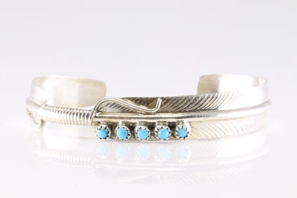 Native America Navajo Sterling Silver Turquoise Feather Bracelet Cuff By Aaron Davis.