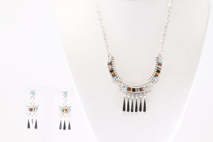 Native America Zuni Sterling Silver Multi-Color Stone Necklace & Earring's Set By Lucy Sheyka.