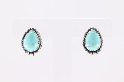 Native America Navajo Sterling Silver Kingman Turquoise Post Earring's By Freda Martinez. Stamp F.