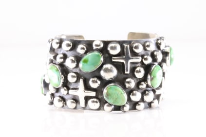 Native America Navajo Sterling Silver Sonora Gold Turquoise Bracelet Cross Cuff By Chimney Butte.