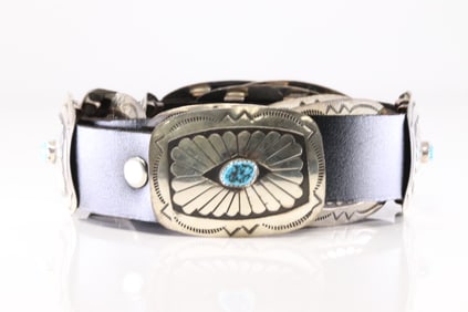 Native America Navajo Sterling Silver Turquoise Belt  Stamp / Leather By J.B.