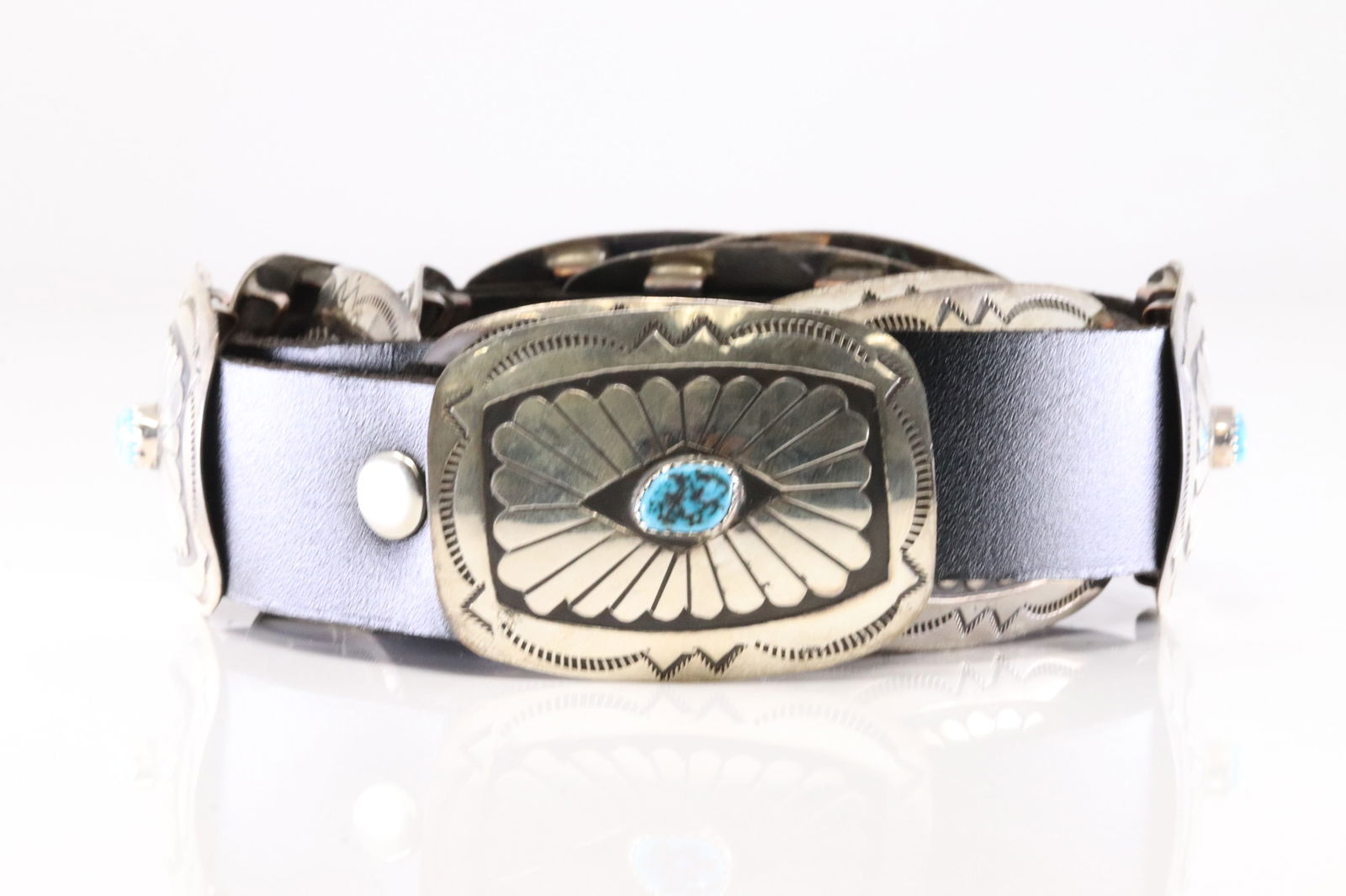 Native America Navajo Sterling Silver Turquoise Belt Stamp / Leather By J.B. (1 of 5)