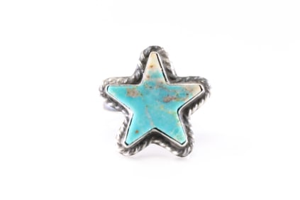 Native America Navajo Sterling Silver Kingman Turquoise Star Ring By L.C.