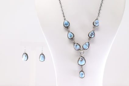 Native America Navajo Sterling Silver Golden Hill Turquoise Necklace & Earring's Set By A.