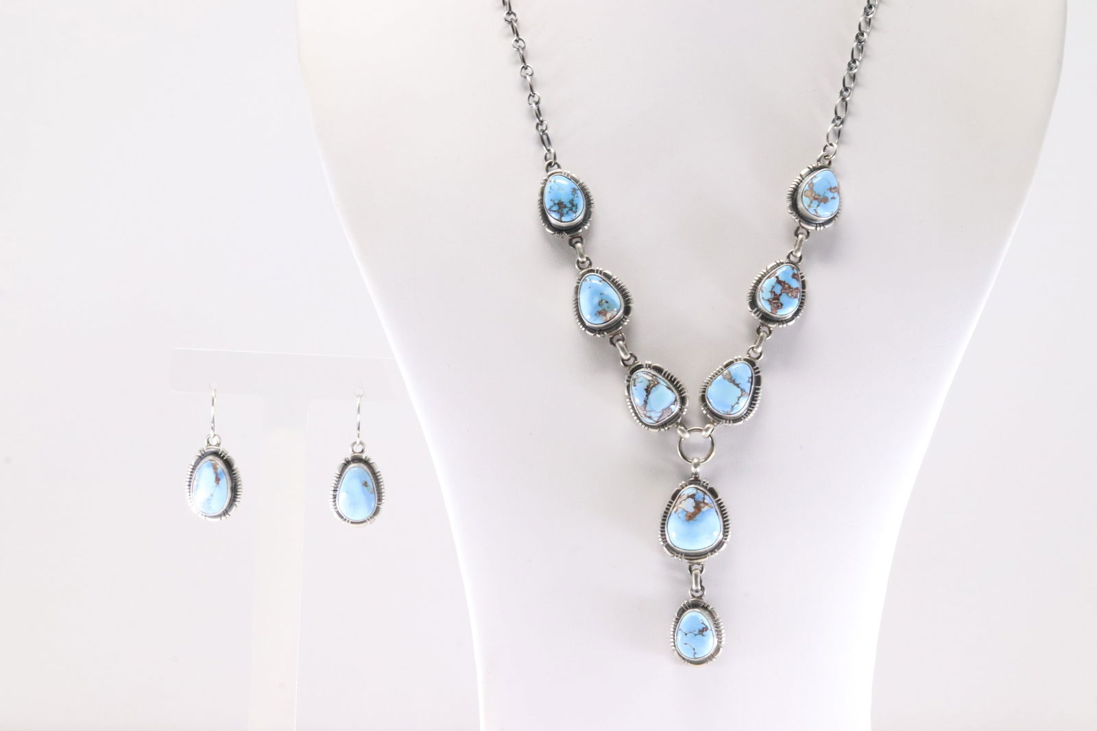 Native America Navajo Sterling Silver Golden Hill Turquoise Necklace & Earring's Set By A.: This is a Native America Navajo Sterling Silver Golden Hill Turquoise Necklace & Earring's Set By A. Stamp A. Necklace length: 20.00"