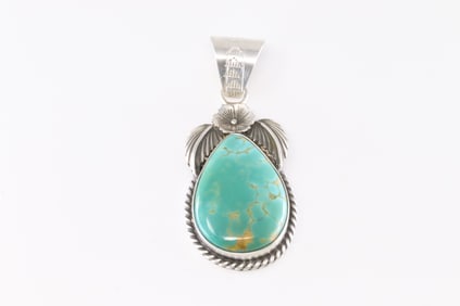 Native America Navajo Sterling Silver Kingman Turquoise Pendant By Jimson Belin.