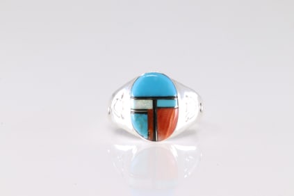 Native America Navajo Sterling Silver Multi-Color Stone Inlay Ring By M.L.
