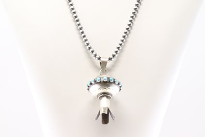 Native America Navajo Sterling Silver Turquoise Blossom Pendant By M.S. with Machine Made Pearl