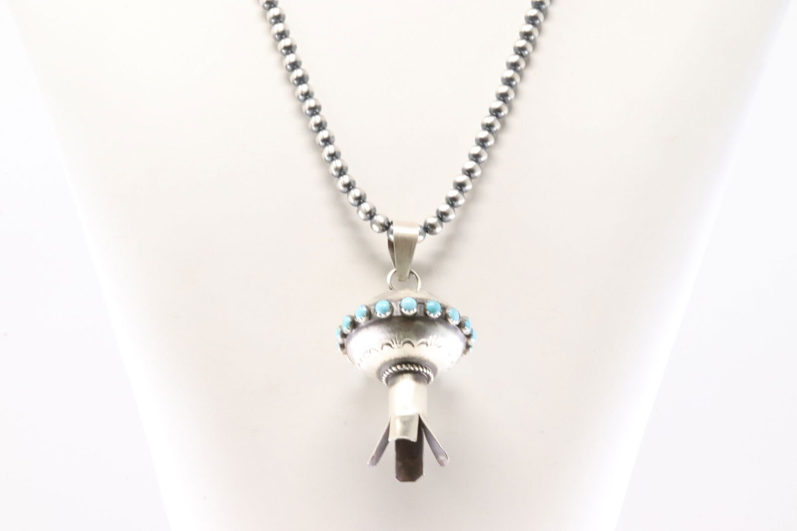 Native America Navajo Sterling Silver Turquoise Blossom Pendant By M.S. with Machine Made Pearl: This is a Native America Navajo Sterling Silver Turquoise Blossom Pendant By M.S. with Machine Made Pearl Beaded Sterling Silver Necklace. Necklace length: 20.00'