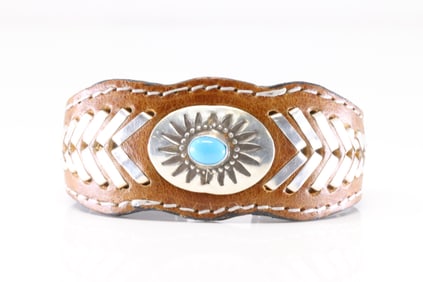 Native America Navajo Sterling Silver Turquoise Leather Bracelet Cuff By F Armstrong.