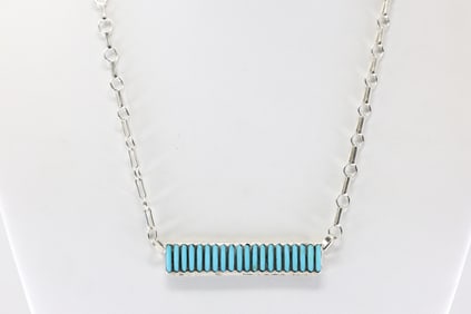 Native America Zuni Sterling Silver Turquoise Inlay Necklace By Lucy Sheyka.