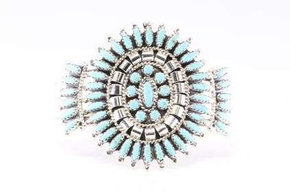 Native America Zuni Sterling Silver Turquoise Needlpoint Bracelet Cuff By Nathaniel Nez.