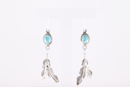America Sterling Silver Turquoise Feather Dangling Earring's.
