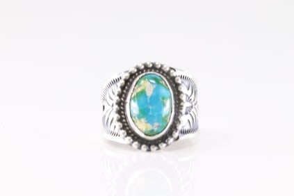 Native America Sterling Silver Sonora Gold Turquoise Ring By Samuel Yellowhair.