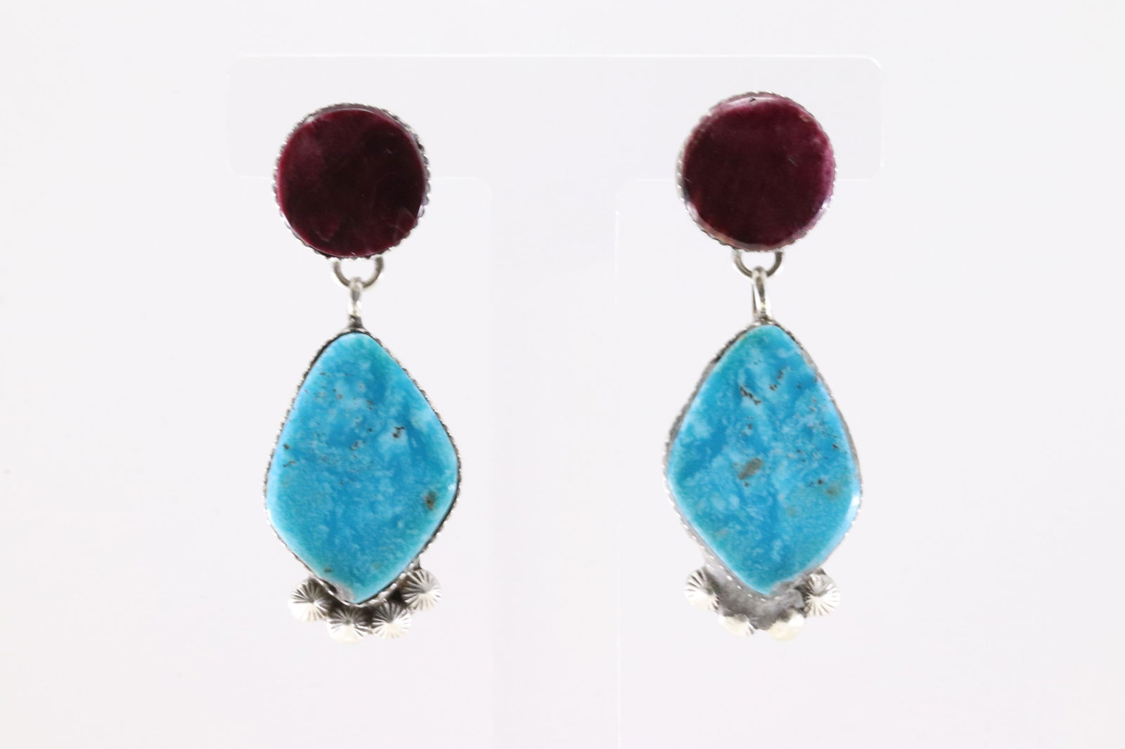 Native America Navajo Sterling Silver Purple Spiny Oyster & Turquoise Post Dangling Earring's By: This is a Native America Navajo Sterling Silver Purple Spiny Oyster & Turquoise Post Dangling Earring's By Selina Warner. Stamp S.W.