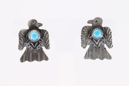 Native America Navajo Sterling Silver Kingman Turquoise Thunderbird Post Earring's By Gabriela