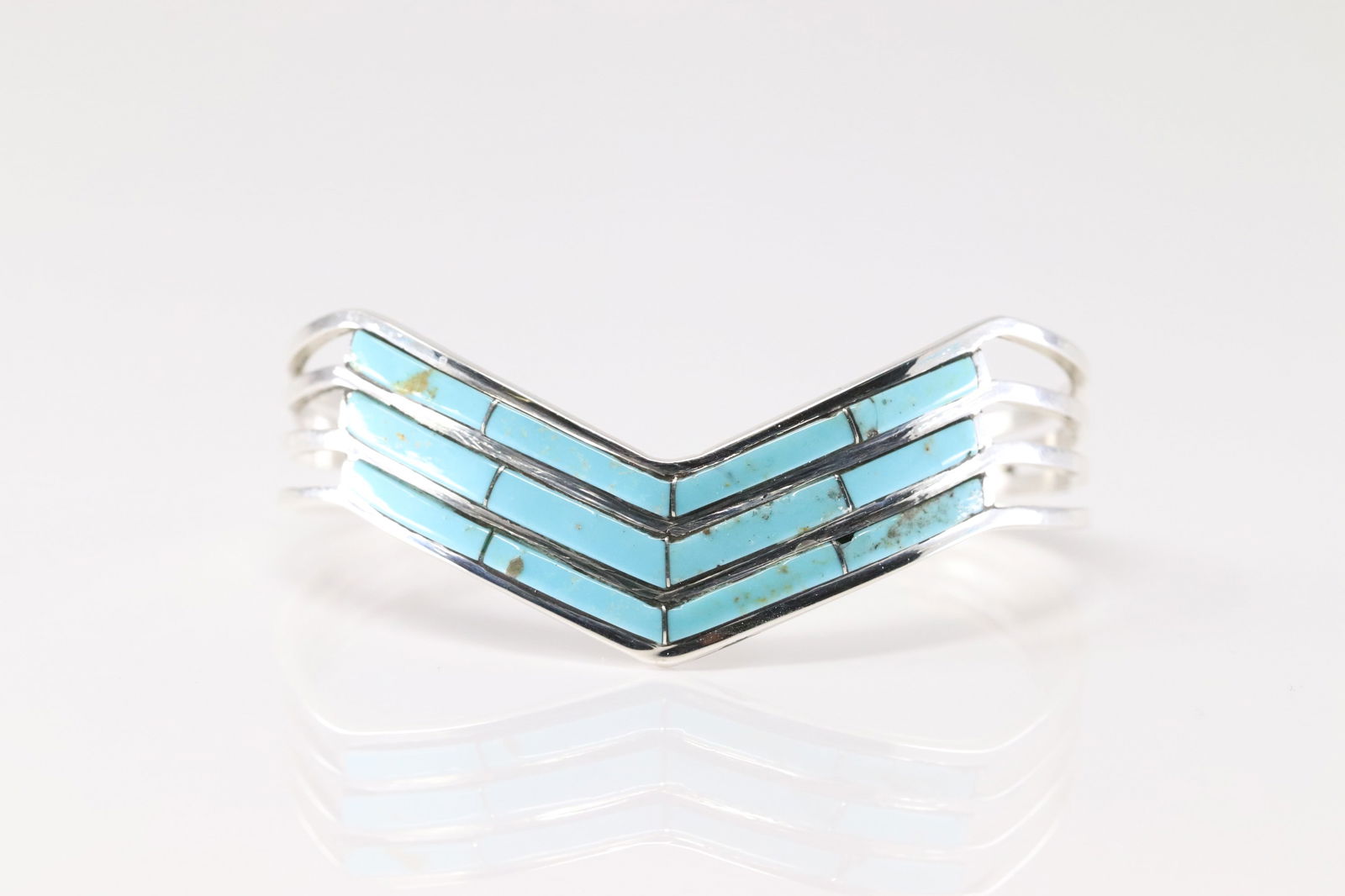 Native America Navajo Sterling Silver Turquoise Inlay Bracelet Cuff By Jamie Johnson.: This is a Native America Navajo Sterling Silver Turquoise Inlay Bracelet Cuff By Jamie Johnson.