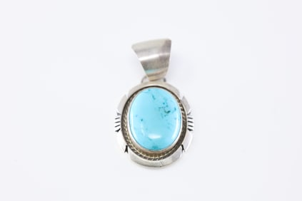 Native America Navajo Sterling Silver Kingman Turquoise Pendant By Alfred Martinez.