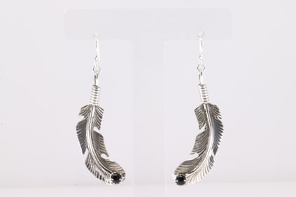 America Sterling Silver Black Onyx Feather Dangling Earring's.