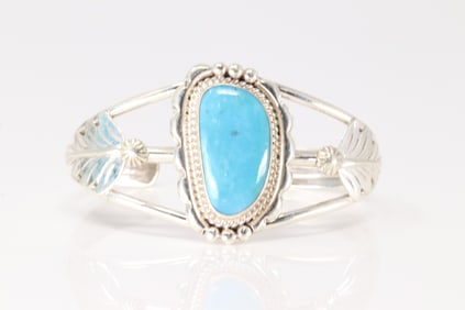 Native America Navajo Sterling Silver Kingman Turquoise Bracelet Cuff By Allanna Yellow.