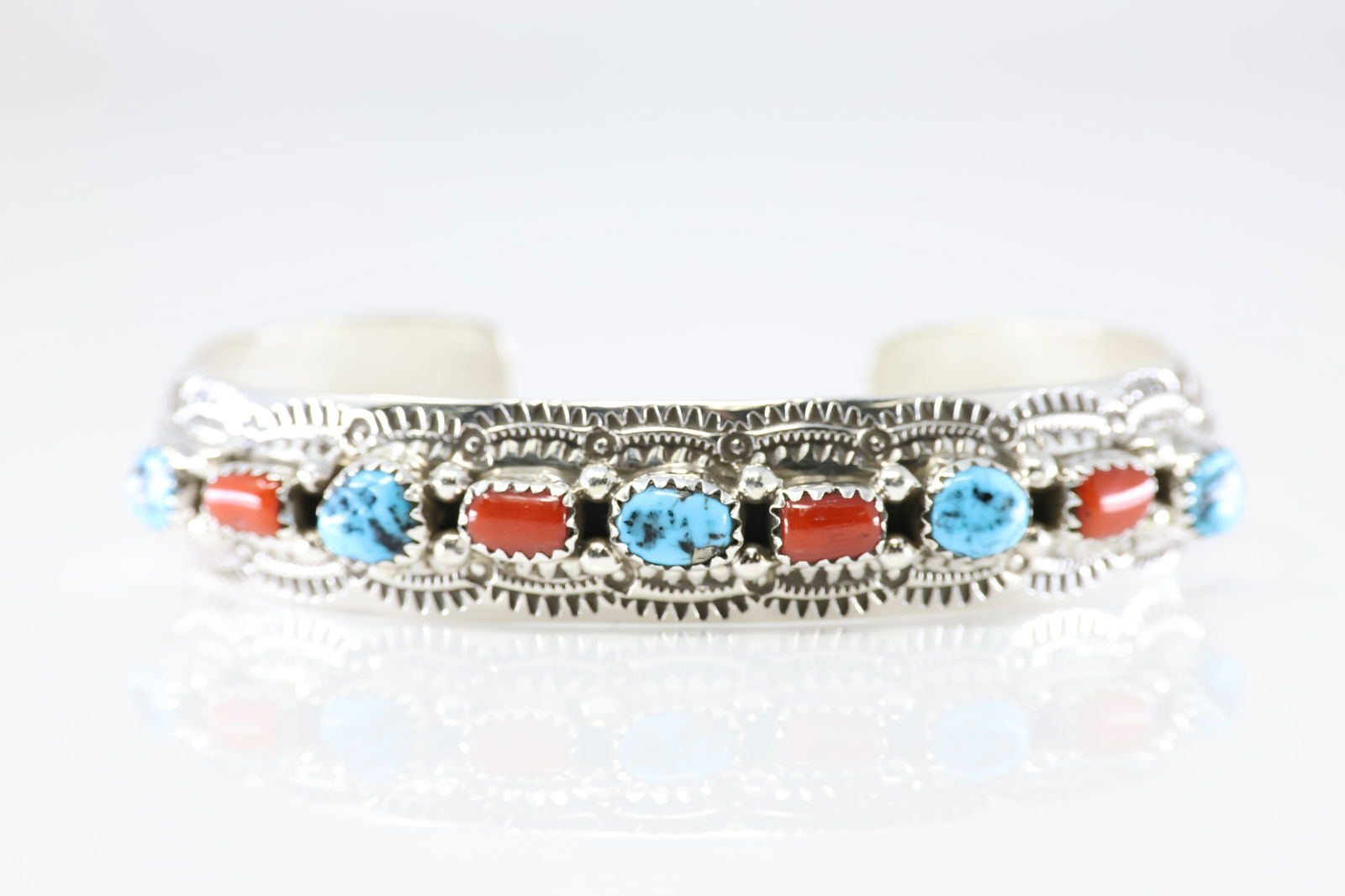 Native America Navajo Sterling Silver Coral & Turquoise Bracelet Cuff By G.S. (1 of 4)