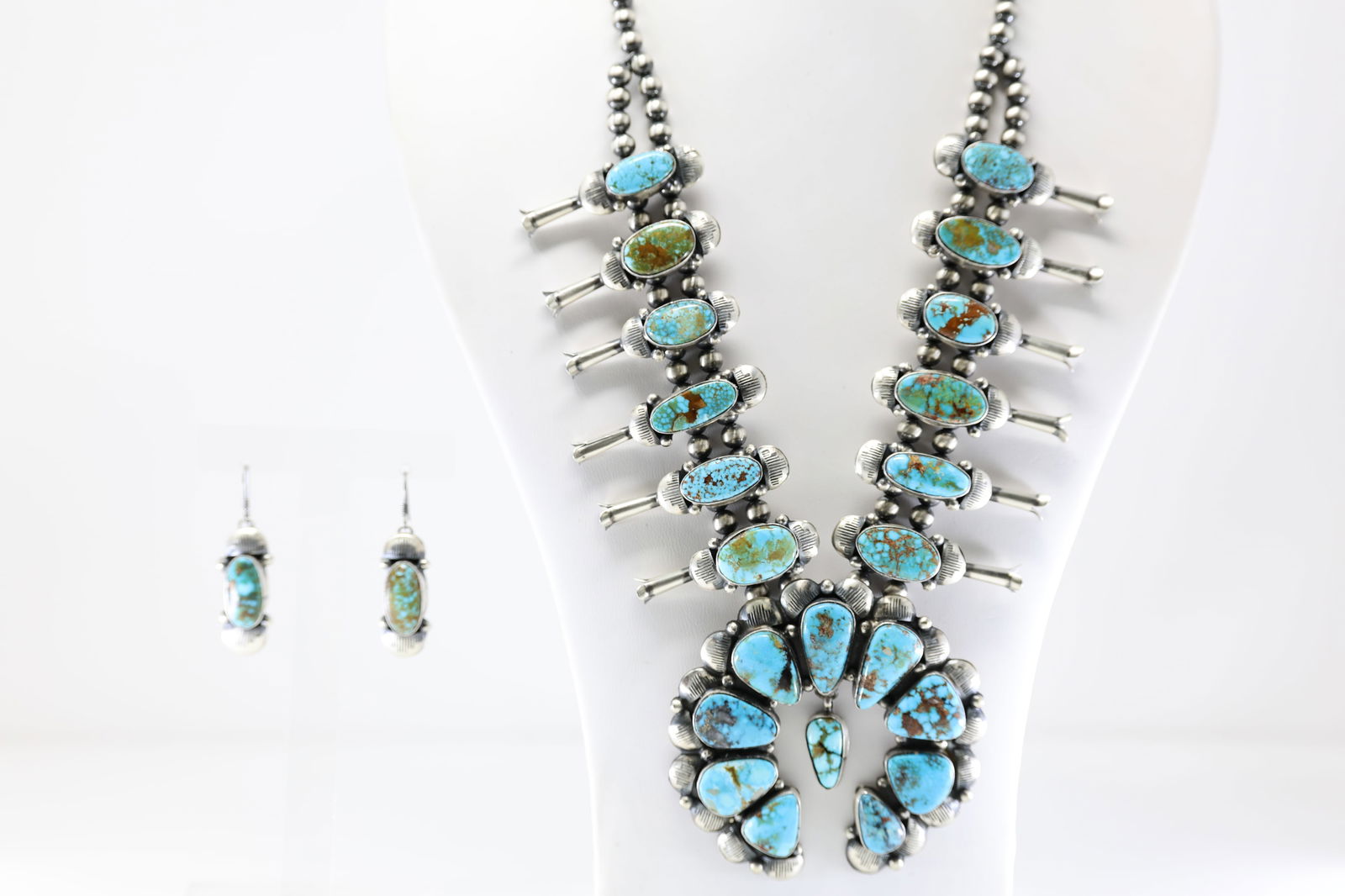 Native America Navajo Sterling Silver Kingman Turquoise Squash Blossom Necklace & Earring's Set By (1 of 8)