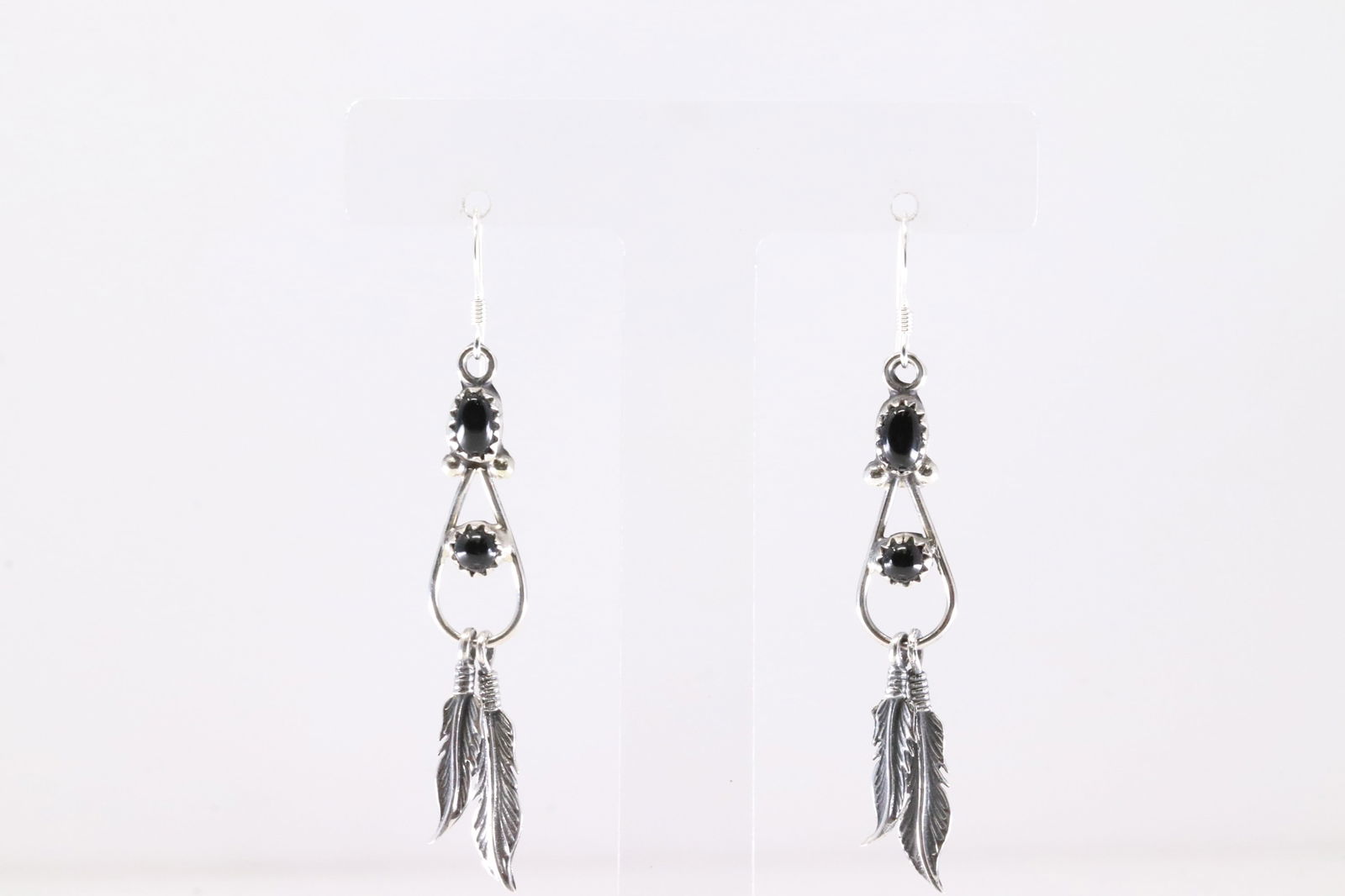 America Sterling Silver Black Onyx Feather Dangling Earring's. (1 of 4)