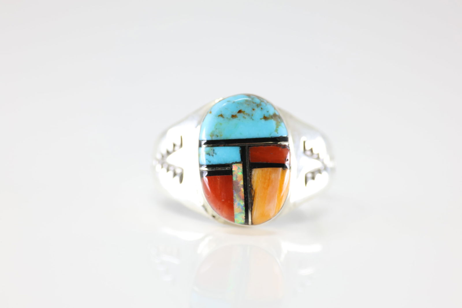 Native America Navajo Sterling Silver Multi-Color Stone Inlay Ring By M.L.: This is a Native America Navajo Sterling Silver Multi-Color Stone Inlay Ring By M.L. Ring size: 9.50.