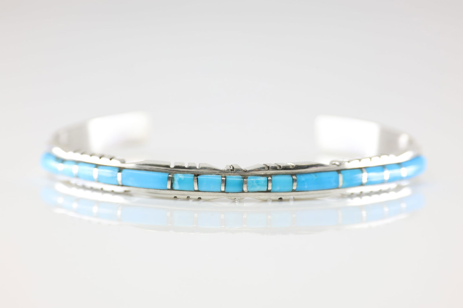 Native America Zuni Sterling Silver Turquoise Inlay Bracelet Cuff By Sheldon Lalio. (1 of 4)
