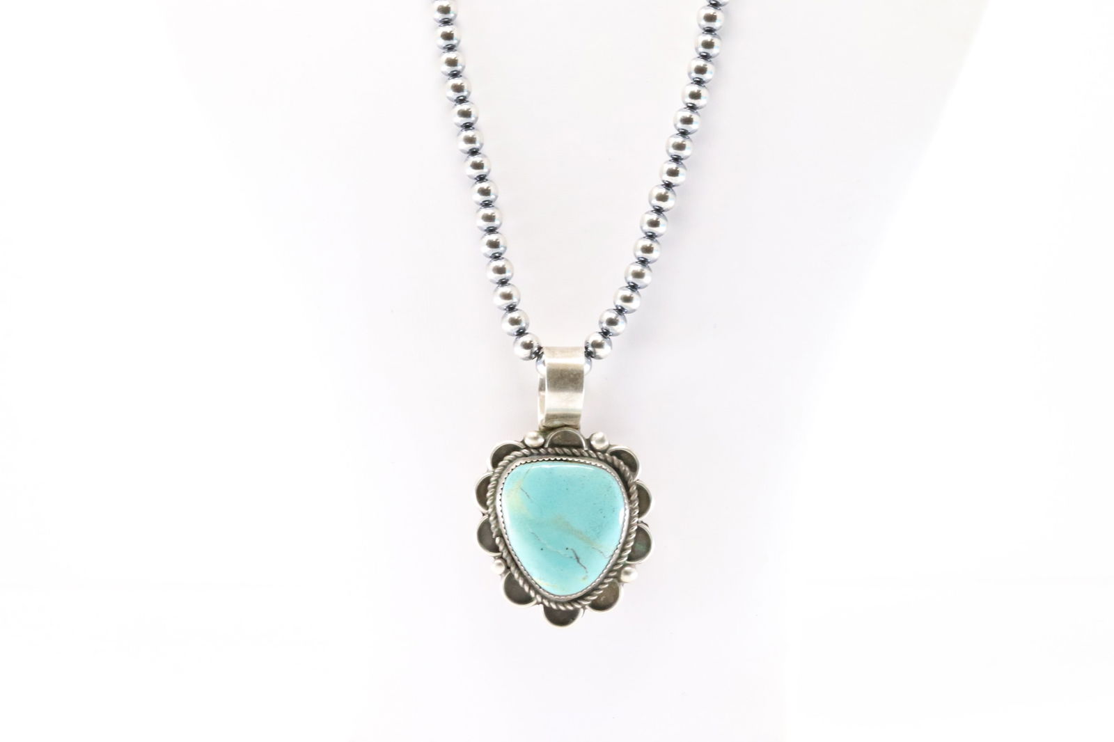 Native America Navajo Sterling Silver Turquoise Pendant By Juanita Jake. With Pearl Beaded Sterling (1 of 4)