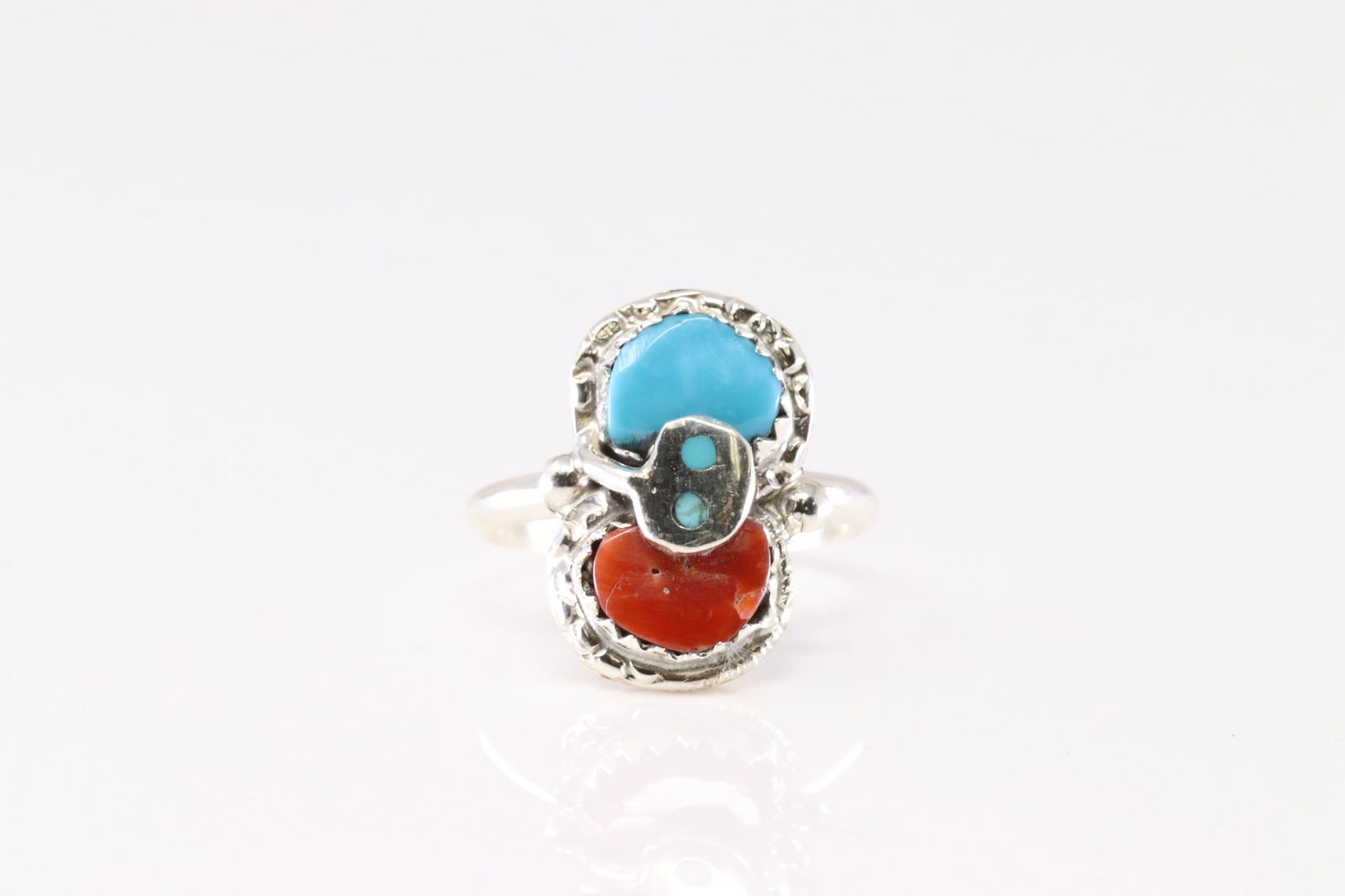 Native America Zuni Sterling Silver Coral & Turquoise Ring By Effie C.: This is a Native America Zuni Sterling Silver Coral & Turquoise Ring By Effie C. Ring size: 6.75.