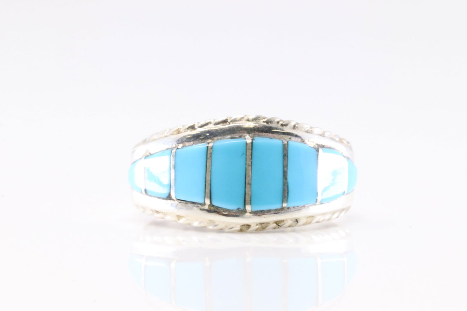 Native America Navajo Sterling Silver Turquoise Inlay Ring By M.P.: This is a Native America Navajo Sterling Silver Turquoise Inlay Ring By M.P. Ring size: 7.25.