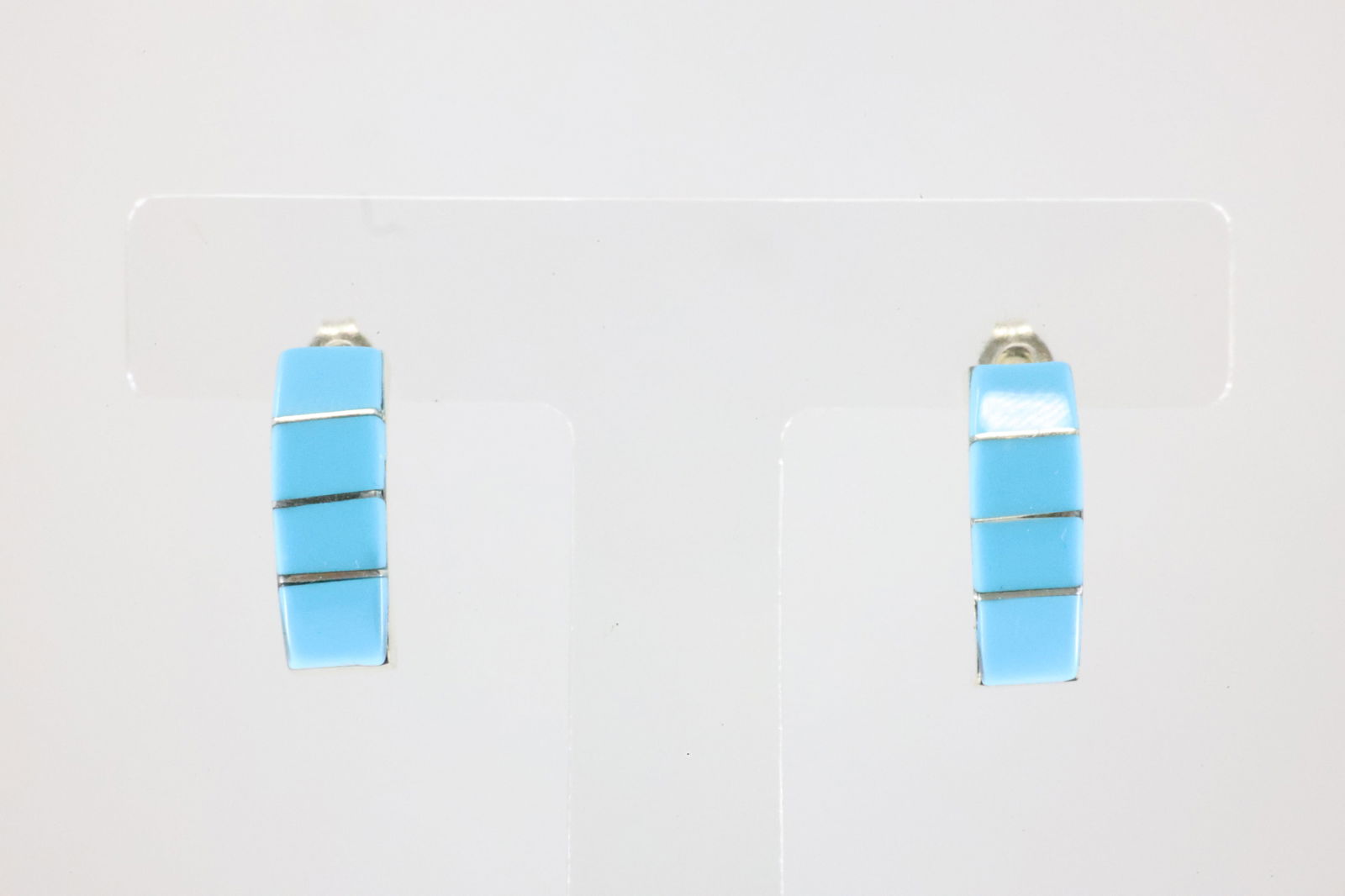 Native America Zuni Sterling Silver Turquoise Inlay Hoop Earring's By Gilbert Kanesta.: This is a Native America Zuni Sterling Silver Turquoise Inlay Hoop Earring's By Gilbert Kanesta.