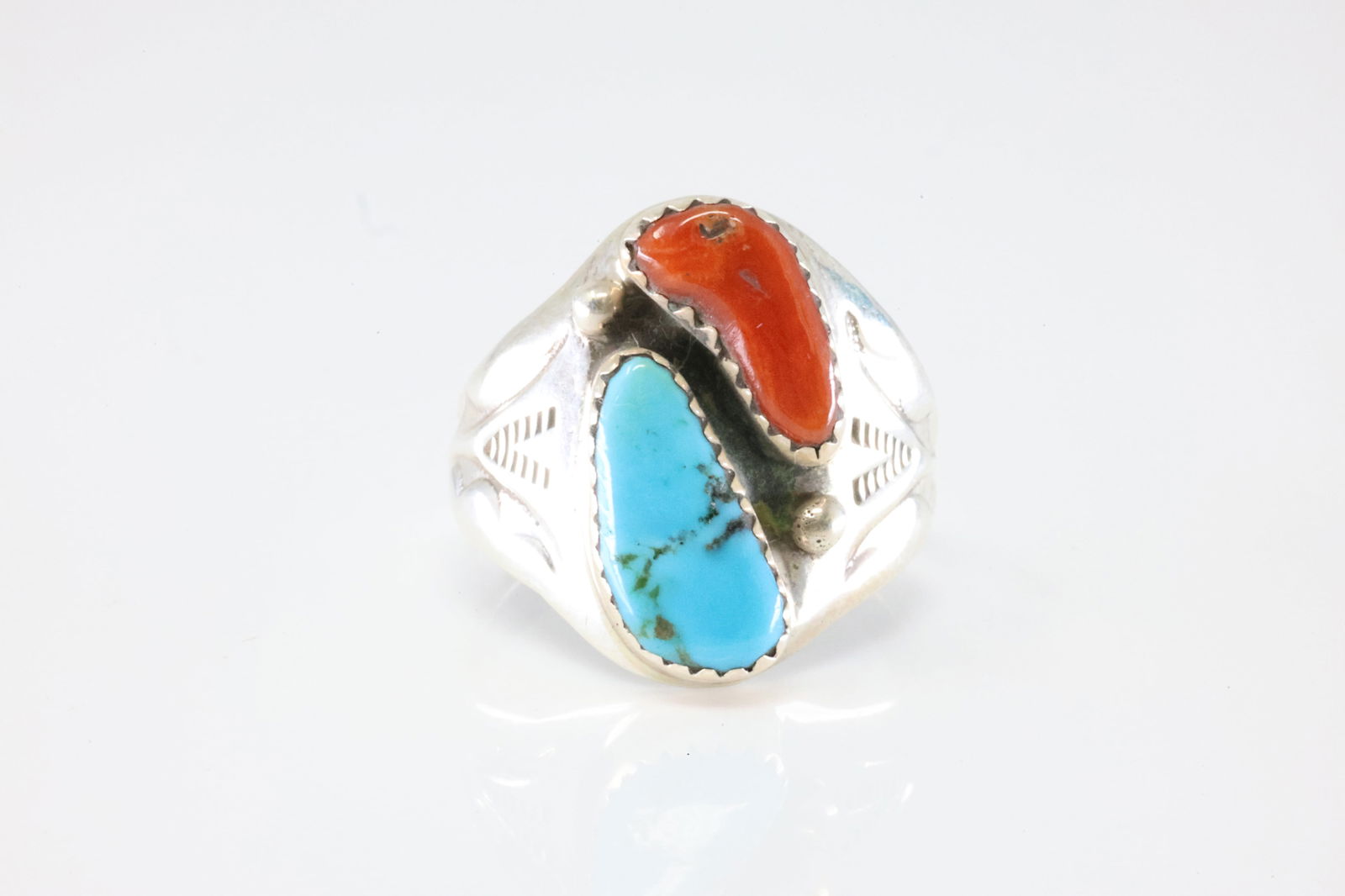 Native America Navajo Sterling Silver Coral & Turquoise Ring By M.L. (1 of 4)
