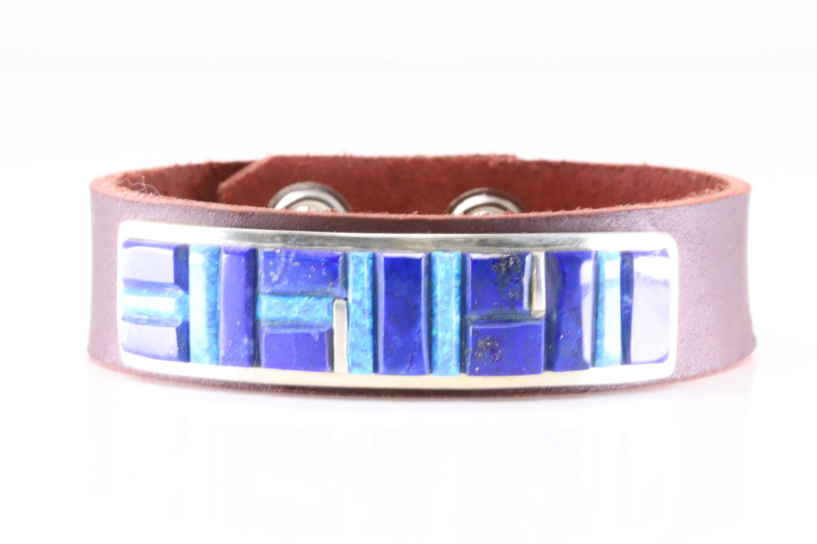 Native America Navajo Sterling Silver Lapis & Turquoise Leather Bracelet By Hato Hasi. (1 of 4)