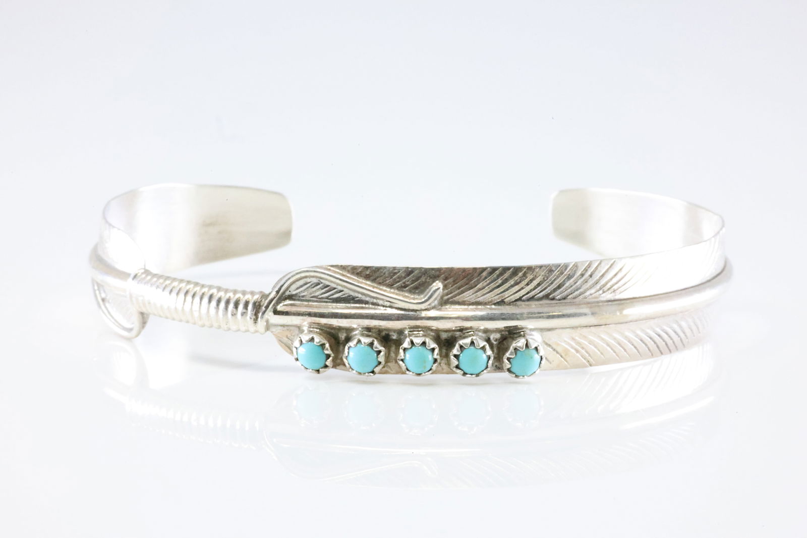 Native American Navajo Sterling Silver Turquoise Feather Bracelet Cuff By Aaron Davis. (1 of 4)