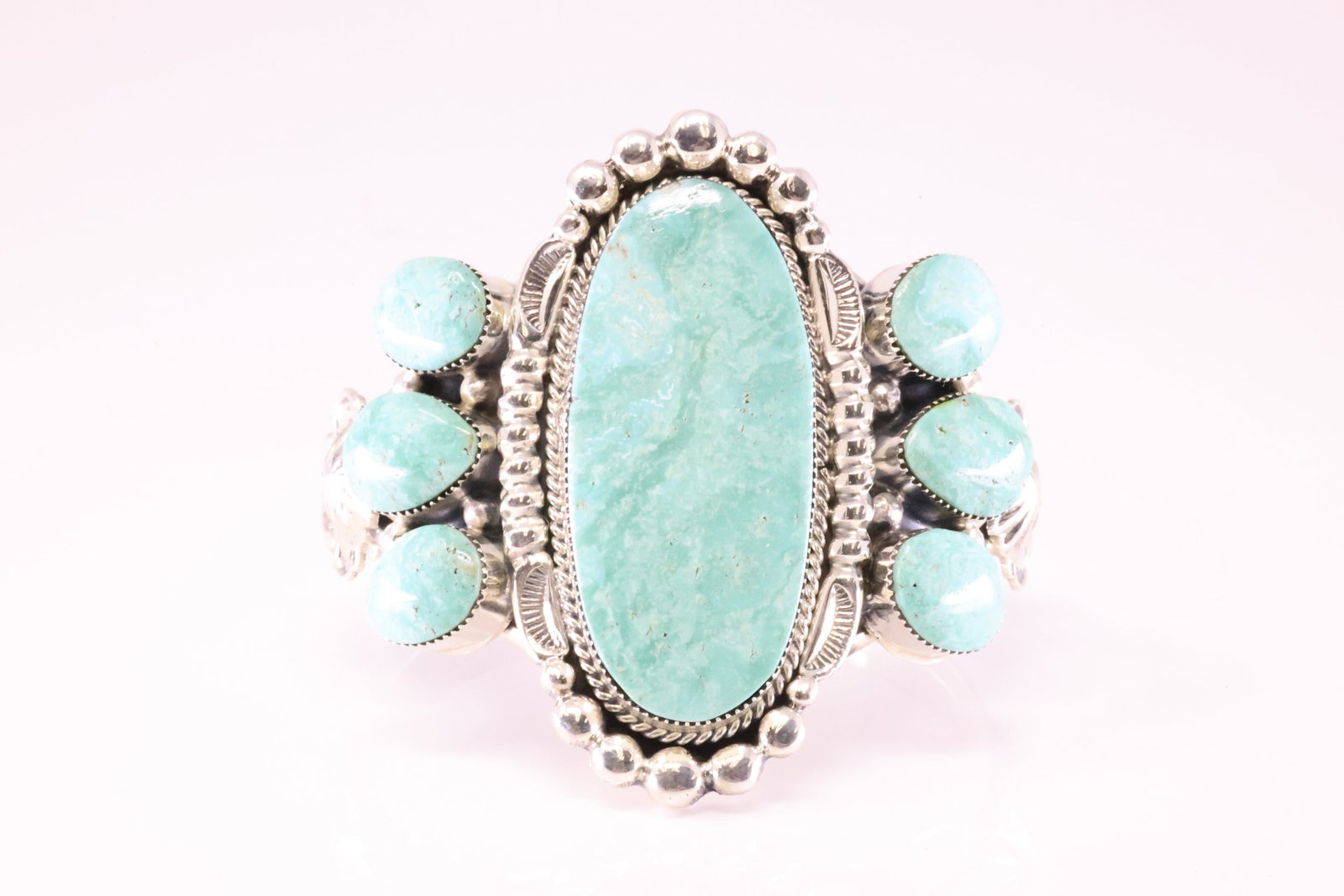 Native America Navajo Sterling Silver Turquoise Bracelet Cuff From R.B Company.: This is a Native America Navajo Sterling Silver Turquoise Bracelet Cuff From R.B Company. Total weight: 48.00"