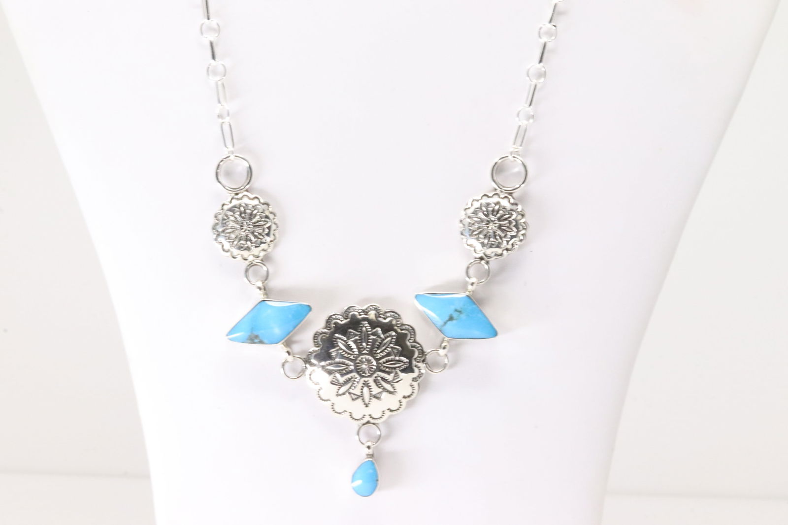 Native America Navajo Sterling Silver Turquoise Necklace By Gwendolyn Burnside From R.B Company. (1 of 4)