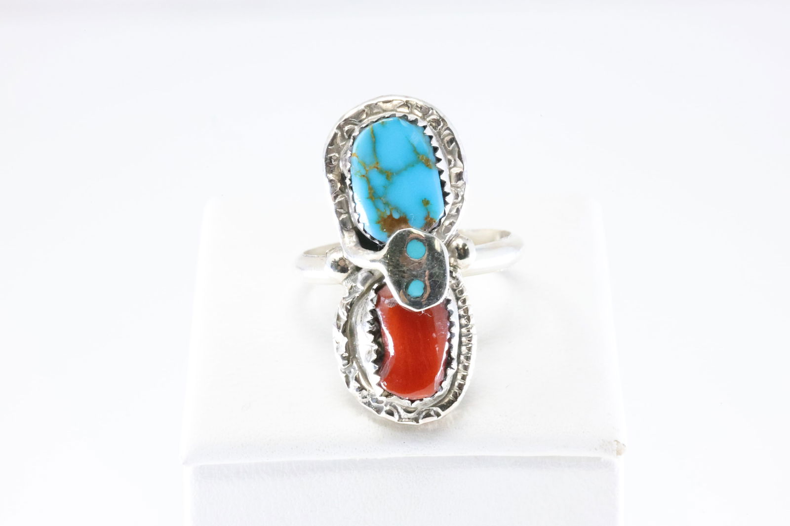 Native America Zuni Sterling Silver Coral & Turquoise Ring By Effie C. (1 of 4)