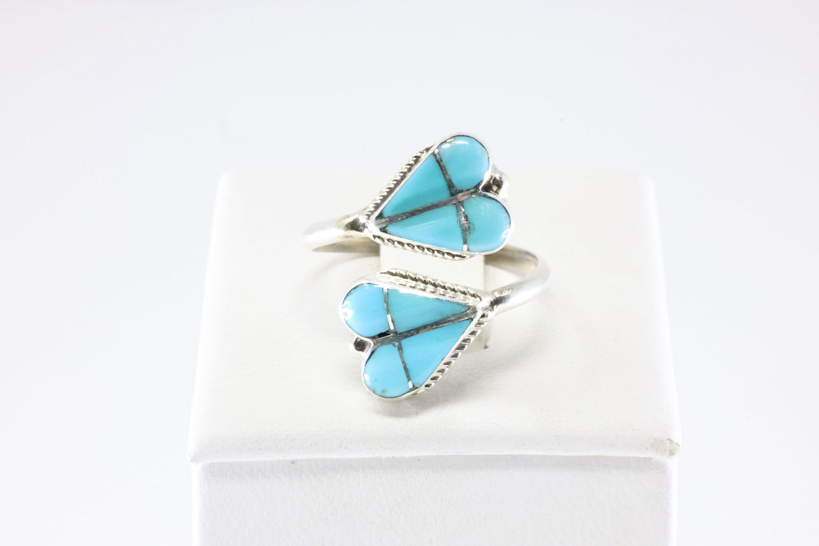 Native America Zuni Sterling Silver Turquoise Inlay Ring By RVN.: This is a Native America Zuni Sterling Silver Turquoise Inlay Ring By RVN. Stamp RVN. Ring Size: 8.00.