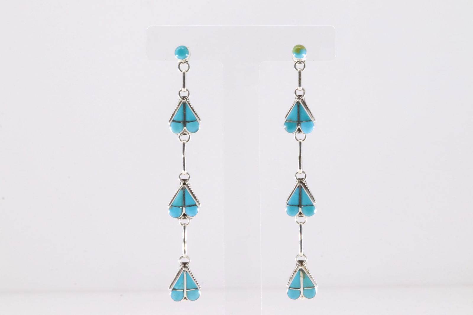 Native America Zuni Sterling Silver Turquoise Inlay Heart Post / Dangling Earring's By Velda: This is a Native America Zuni Sterling Silver Turquoise Inlay Heart Post / Dangling Earring's By Velda Nastacio.