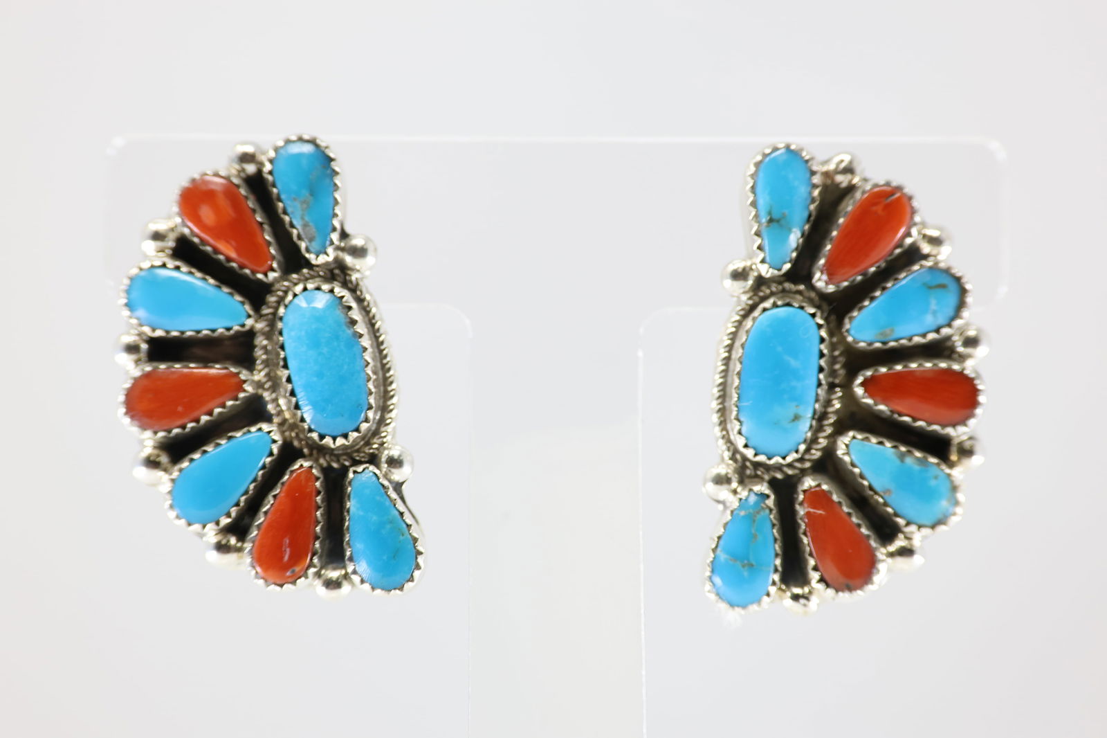 Native America Zuni Sterling Silver Coral & Turquoise Post Earring's By Alicia Wilson.: This is a Native America Zuni Sterling Silver Coral & Turquoise Post Earring's By Alicia Wilson.
