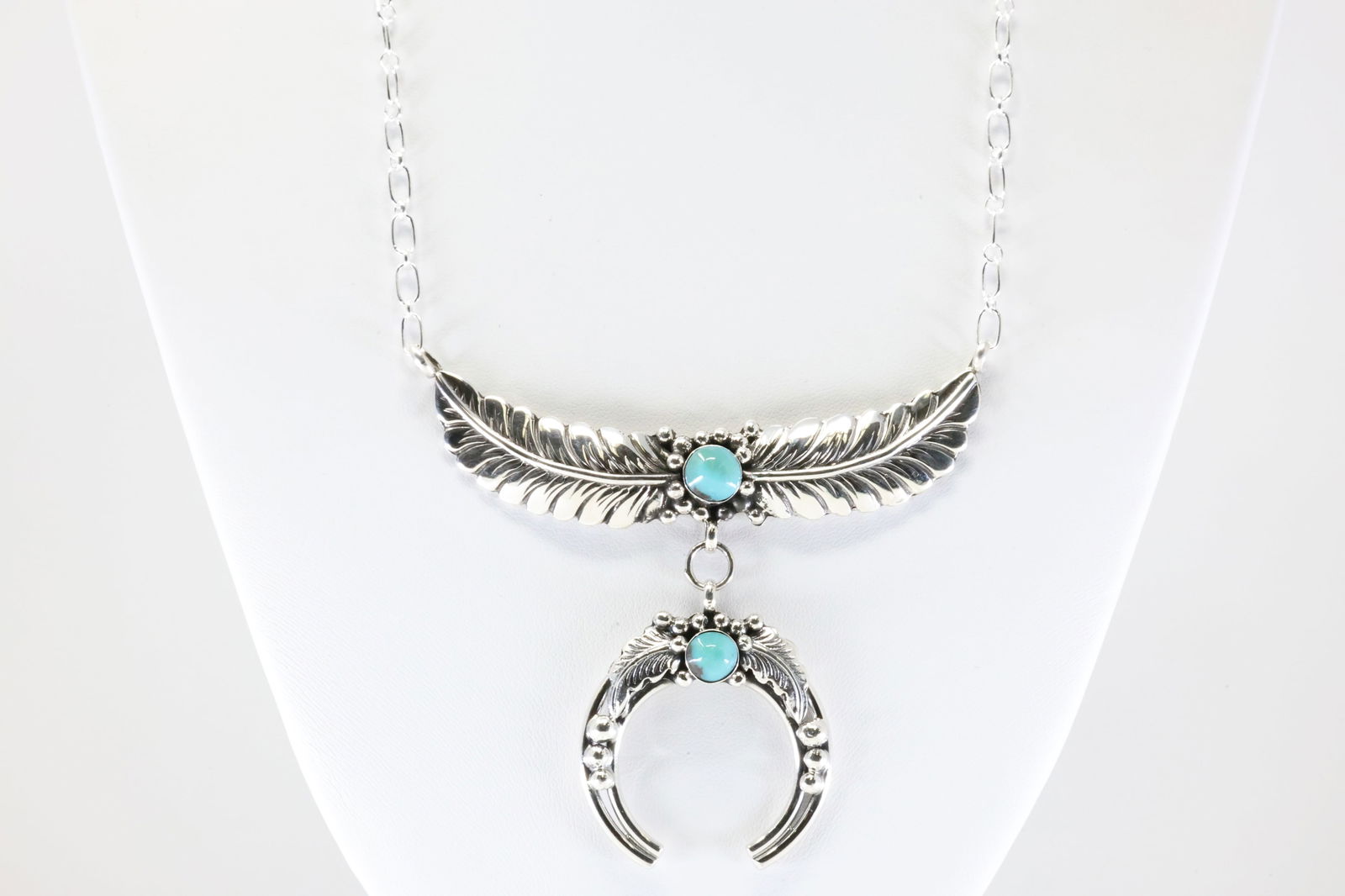Native America Navajo Sterling Silver Turquoise Naja / Leaf Necklace By Loretta Delgarito.: This is a Native America Navajo Sterling Silver Turquoise Naja / Leaf Necklace By Loretta Delgarito. From R.B Company. Necklace length: 16.00"