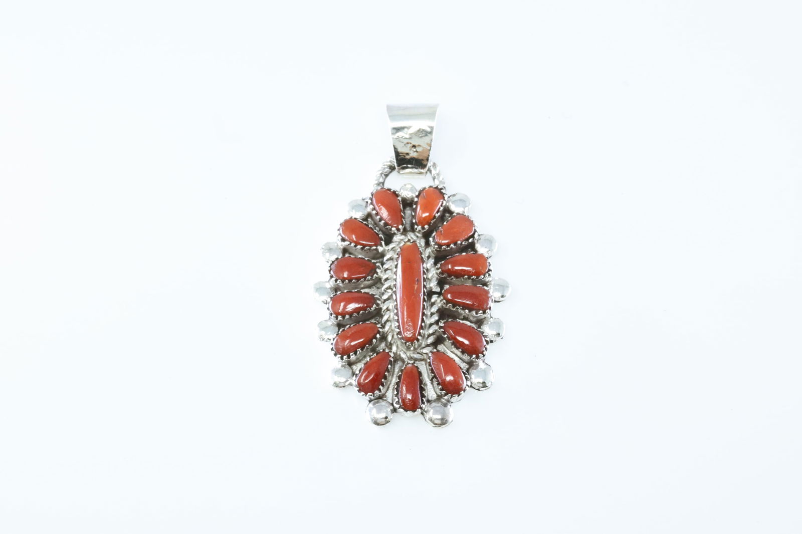 Native America Zuni Sterling Silver Coral Pendant By Lorraine Waatsa.: This is a Native America Zuni Sterling Silver Coral Pendant By Lorraine Waatsa.